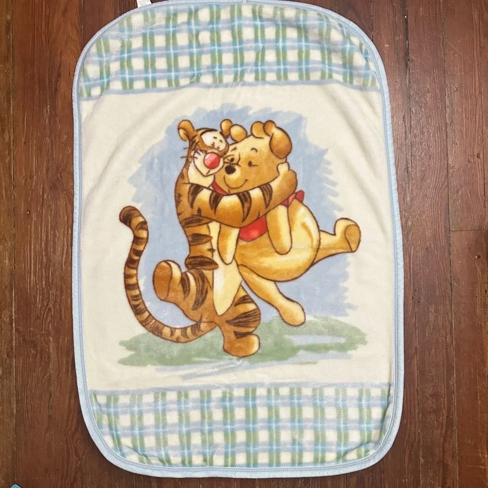 Disney Winnie the Pooh Tigger Fleece Baby Blanket Plaid Blue White 2002 Vintage
